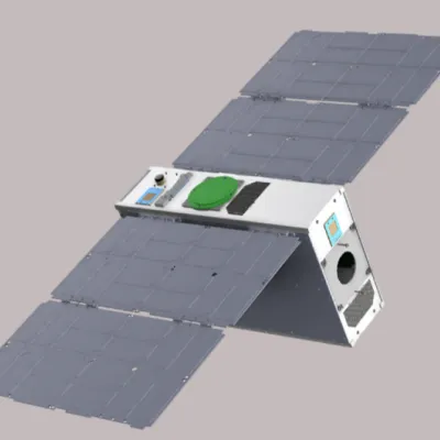 Modèle 3D d'IonSat, le nanosatellite étudiant du CSEP développé au sein de l'École polytechnique, avec l'objectif ambitieux de démontrer la faisabilité d'un maintien à poste en orbite très basse (VLEO) pour une plateforme de type nanosatellite © CSEP 