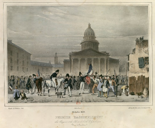 28 juillet 1830. Premier rassemblement des Citoyens et des élèves de l'Ecole polytechnique, place du Panthéon.